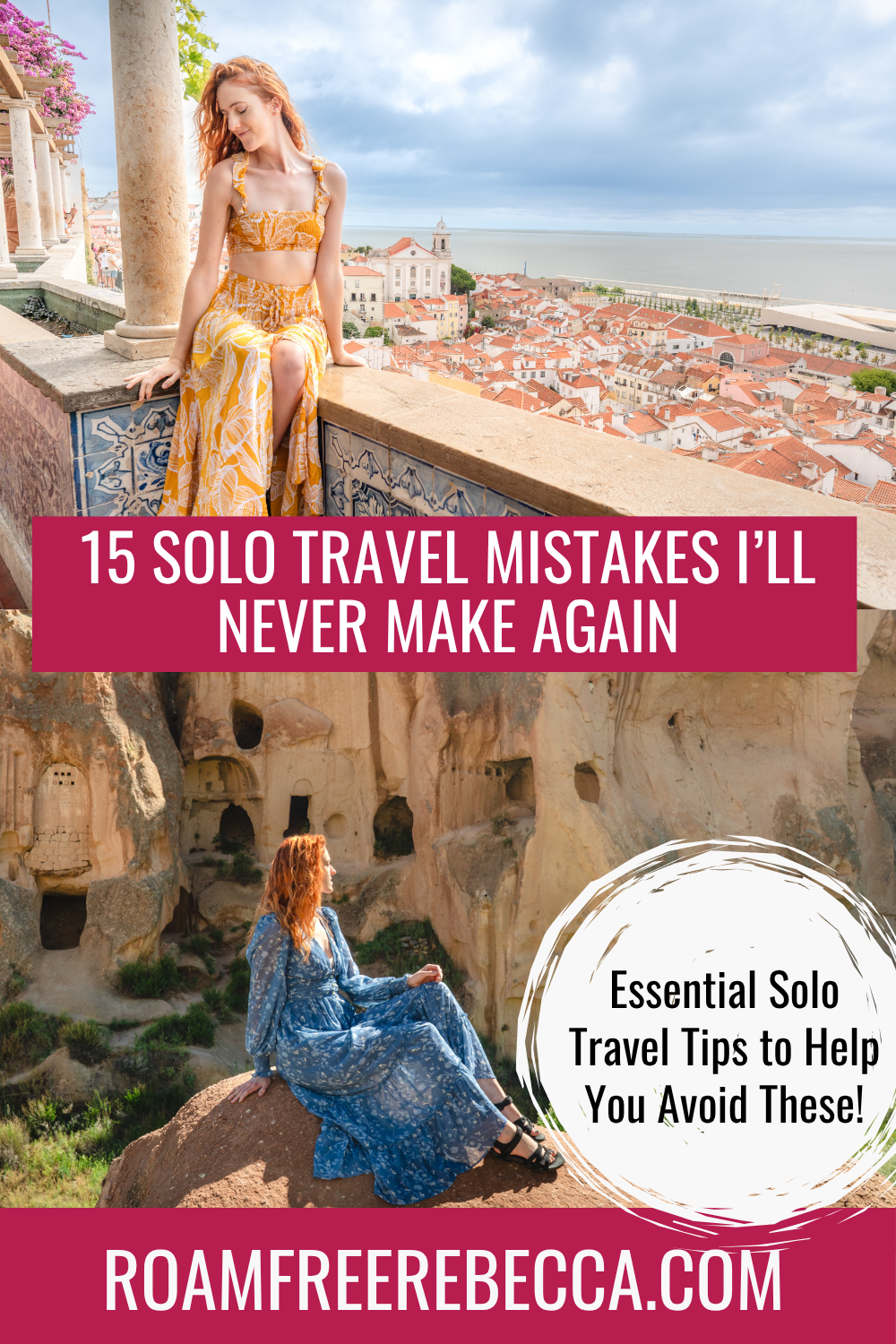Text reads "15 essential tips for international travel: do these before traveling" over two images. The top image is of a street in Quito Ecuador, and the bottom image is a man at an airport looking at flight arrival signs.